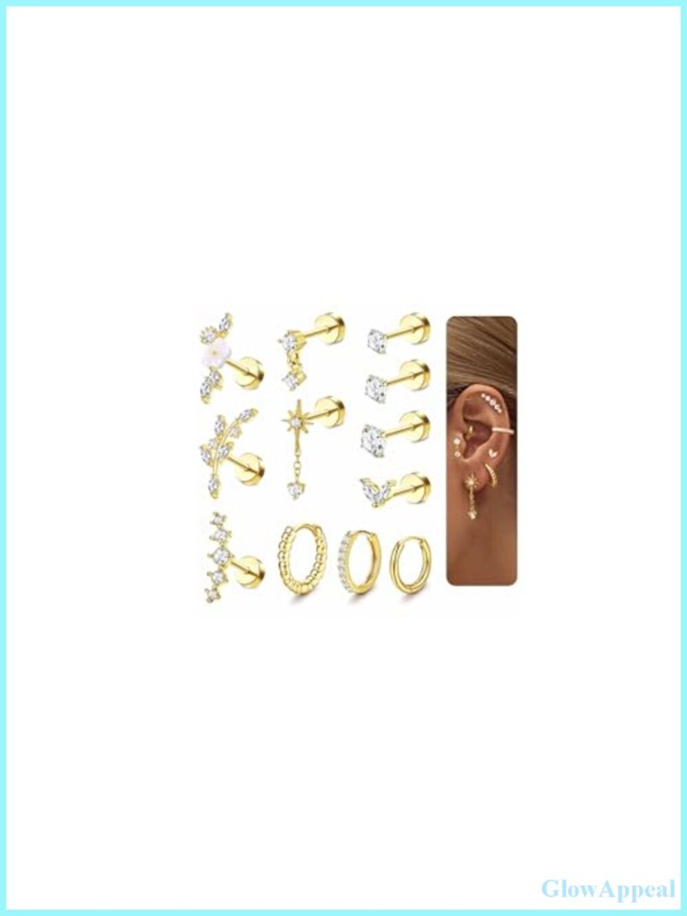 14K Gold Plated Cartilage Earrings Set 12 Pieces Flat Back Stud Tragus Helix